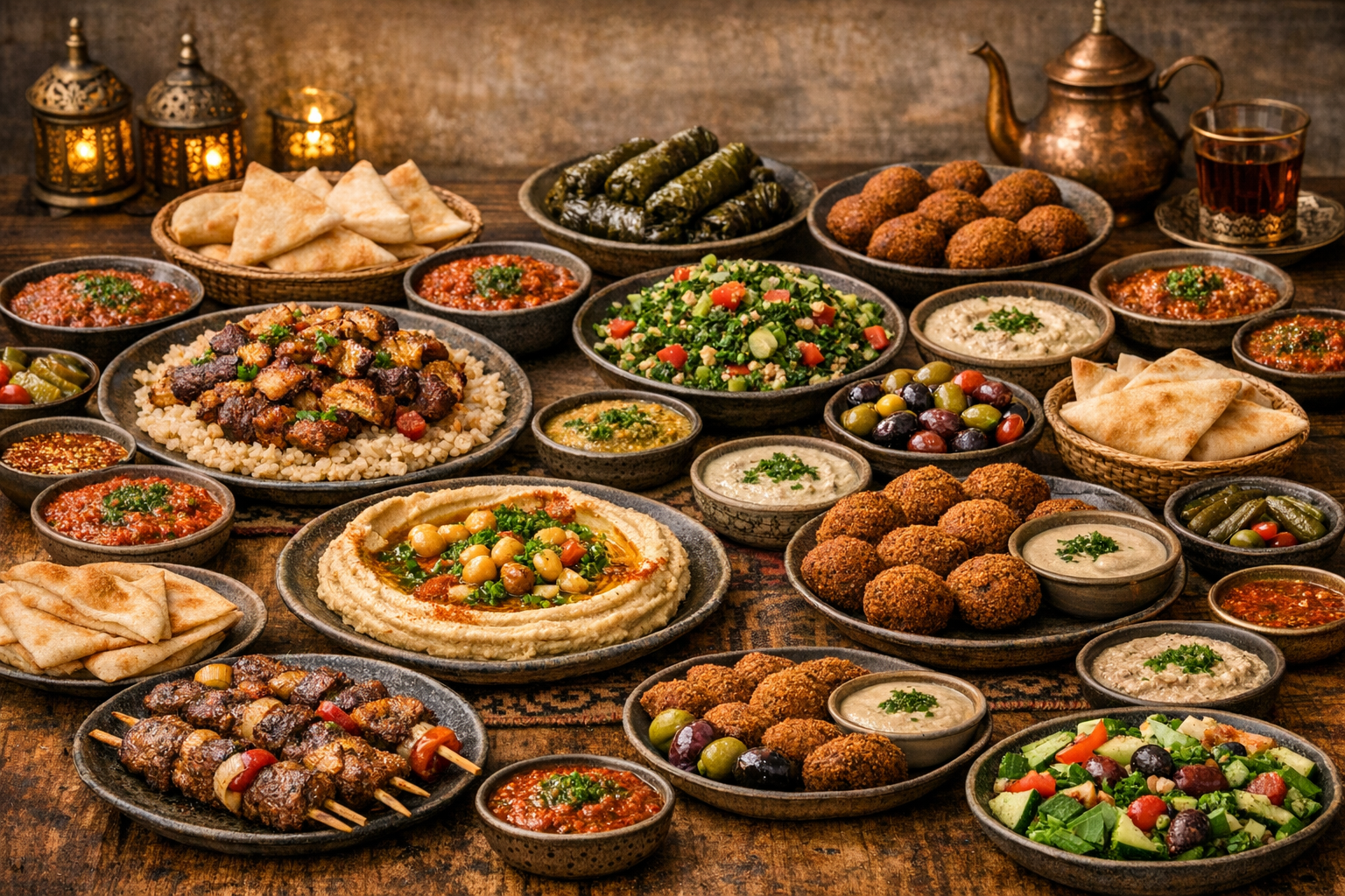 This image includes some of the Middle Eastern food