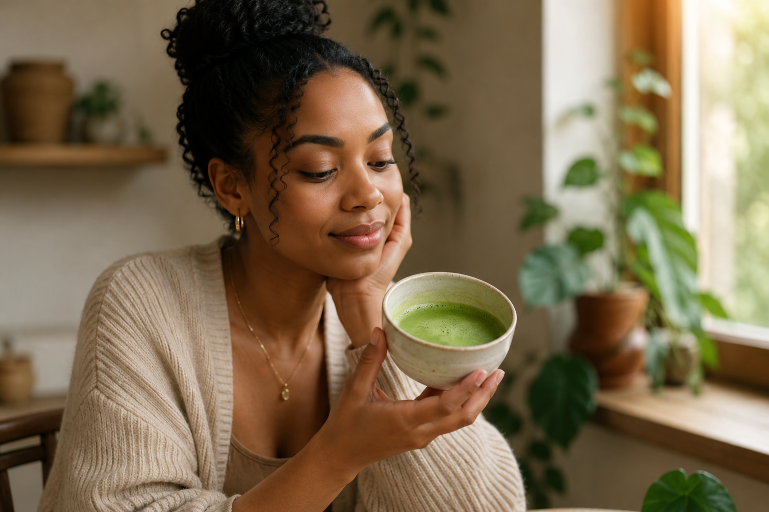 Woman holding a cup of matcha while exploring the benefits of drinking matcha.