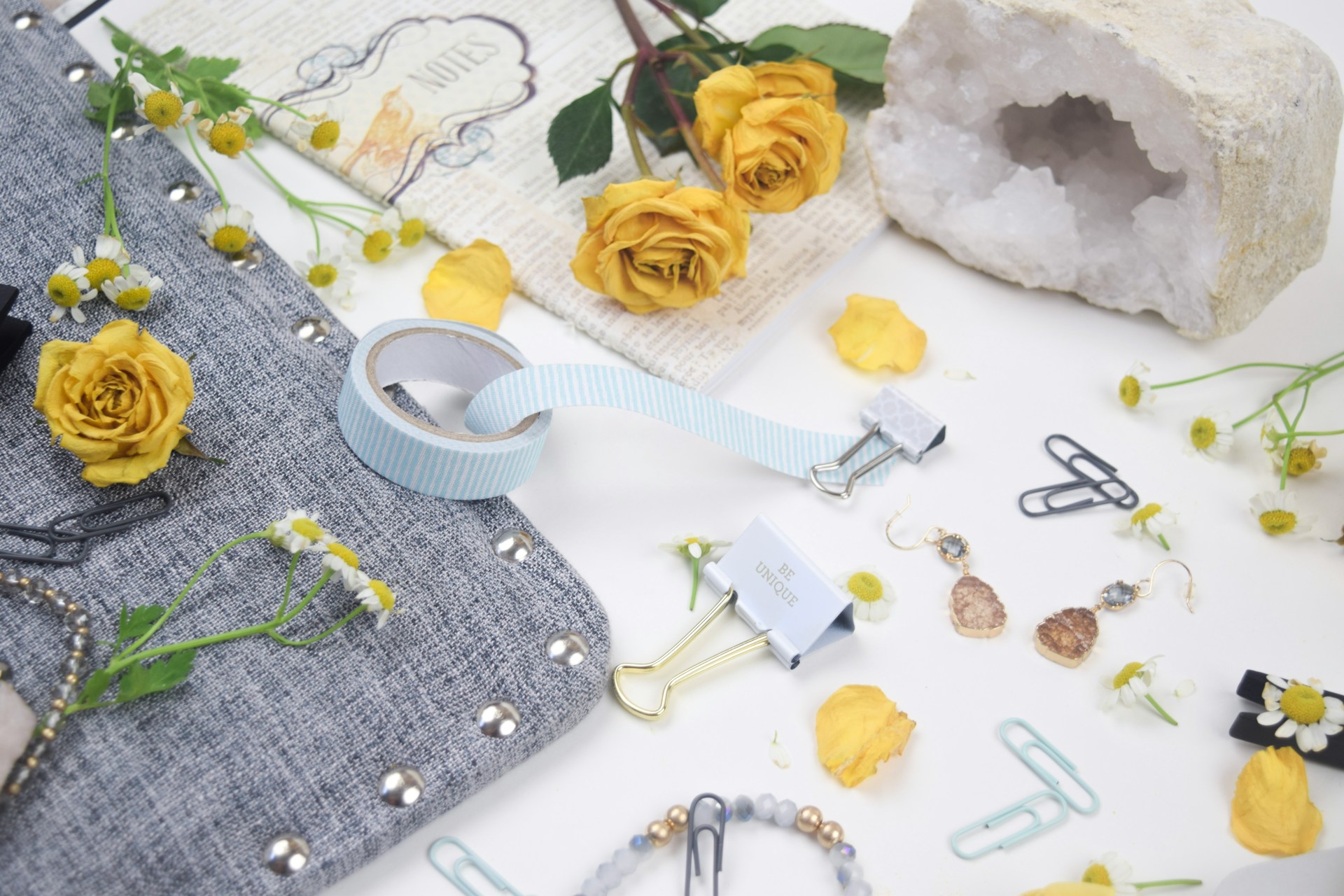 Luxury stationery flat lay with washi tape and roses